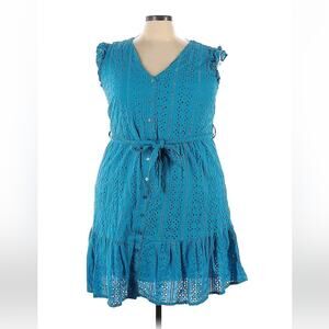 Estelle blue eyelet belted button down sundress flirty ruffle dress, 3X